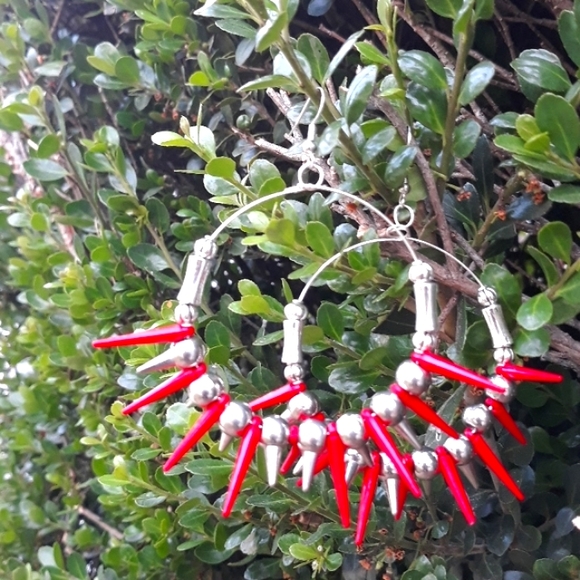 Spiked Statement Earrings/ Silver/ Red/ Hoop Earrings/ Stylish/ Handcrafted - Picture 7 of 9